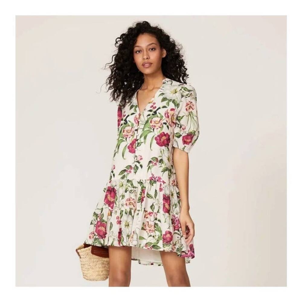 Great Jones White Floral Shift Magnolia Flower Summer V Neckline Dress sz Small